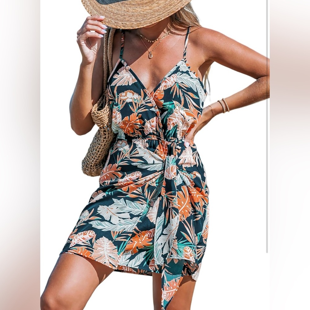 NWOT Cupshe Vneck Mini Tropical Dress/Swim Cover Up